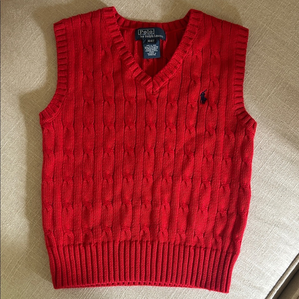 Polo by Ralph Lauren Red Cable-Knit V-Neck Sweater Vest with Navy Logo